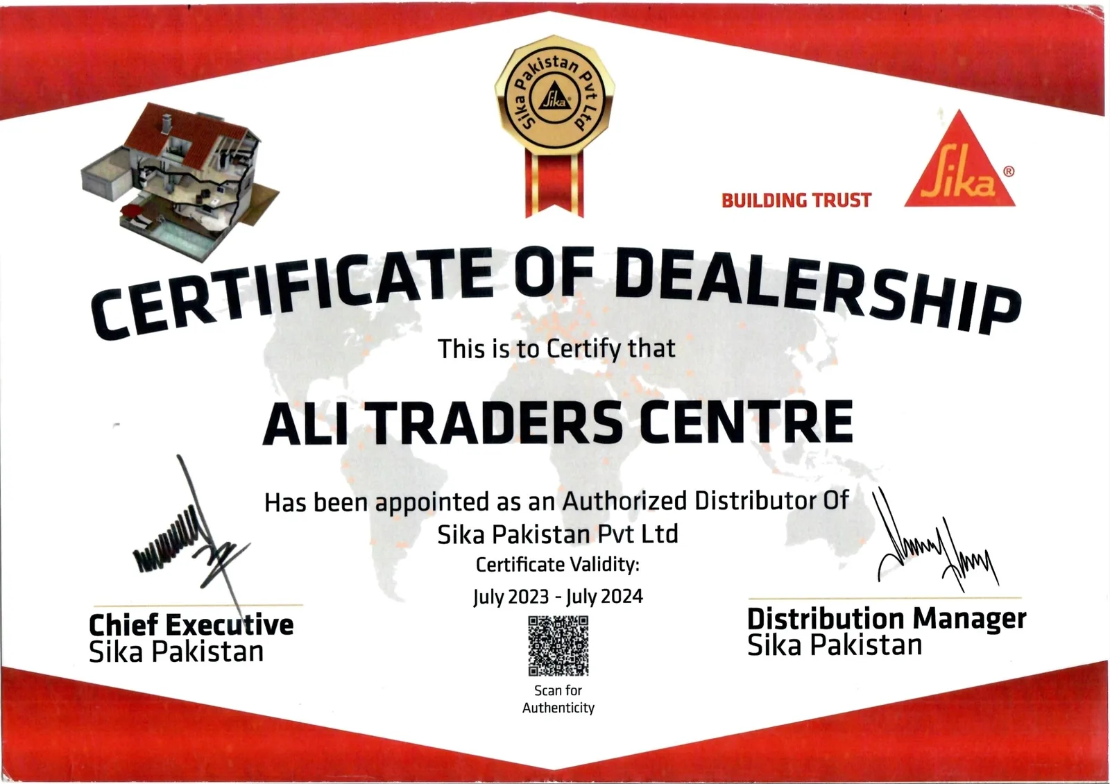 Sika Pakistan Certificate of Dealership for Ali Traders Centre, July 2023 to July 2024
