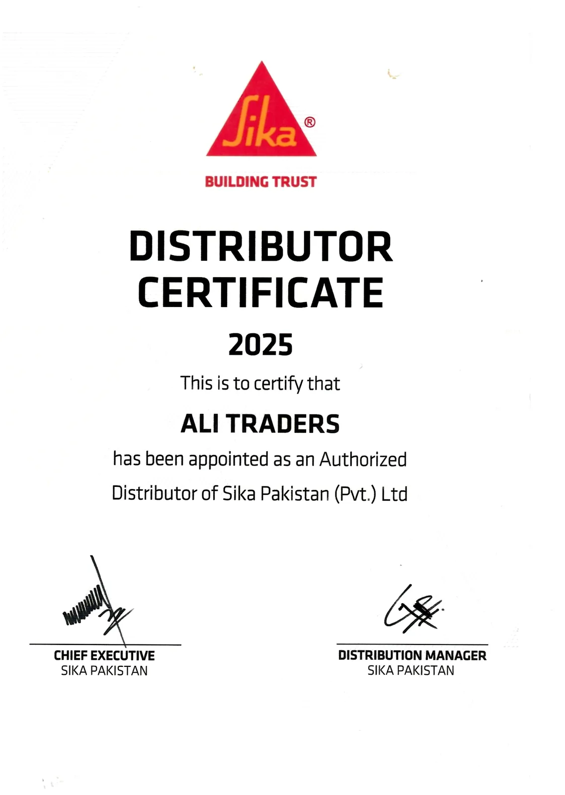 Sika Pakistan Distributor Certificate 2025 awarded to Ali Traders
