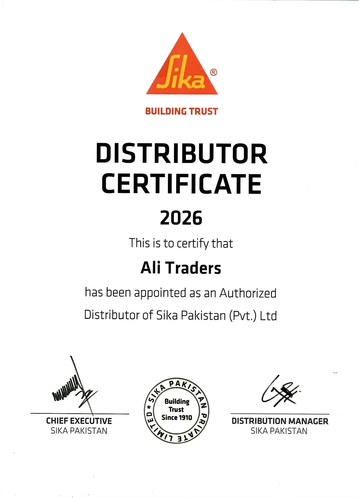 Sika Pakistan Distributor Certificate 2026 awarded to Ali Traders